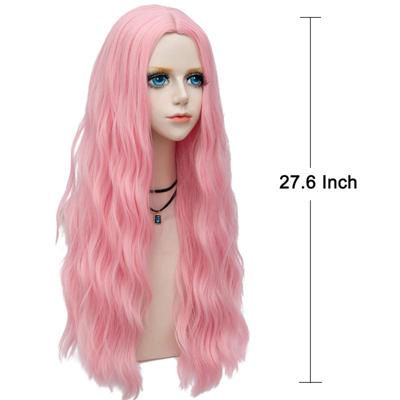 Probeauty Long Pink Wig Light Pink Wigs for Women Synthetic Heat Resistant Curly Wave Cosplay Wig for Halloween Costume - Image 3